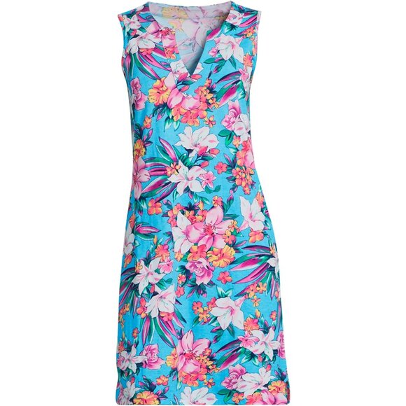 Lands' End Women's M Swim Cover-up Dress Cotton Jersey Sleeveless Turquoise Lily - Picture 2 of 10